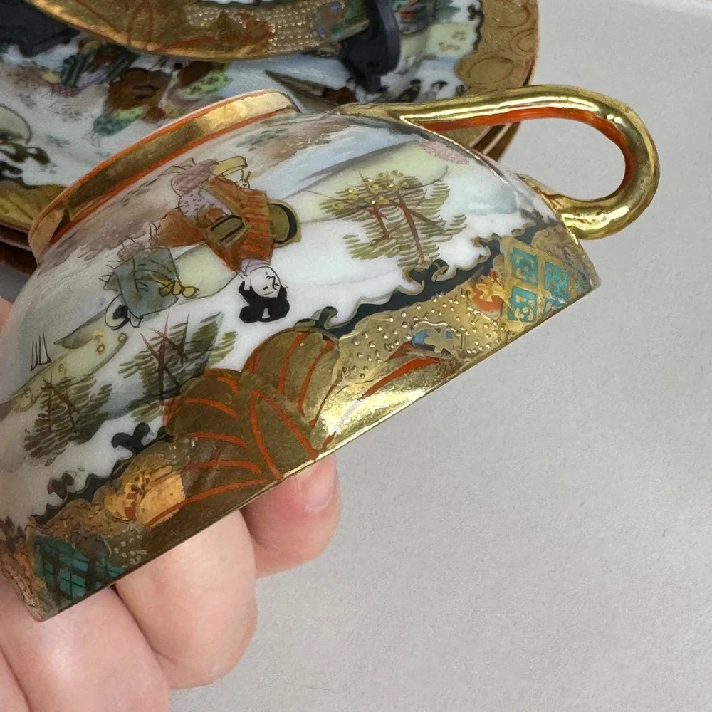 Vintage 5-Pc Kutani Japanese Eggshell Porcelain Teacup & Bread‎ Plates Gold Gilt
